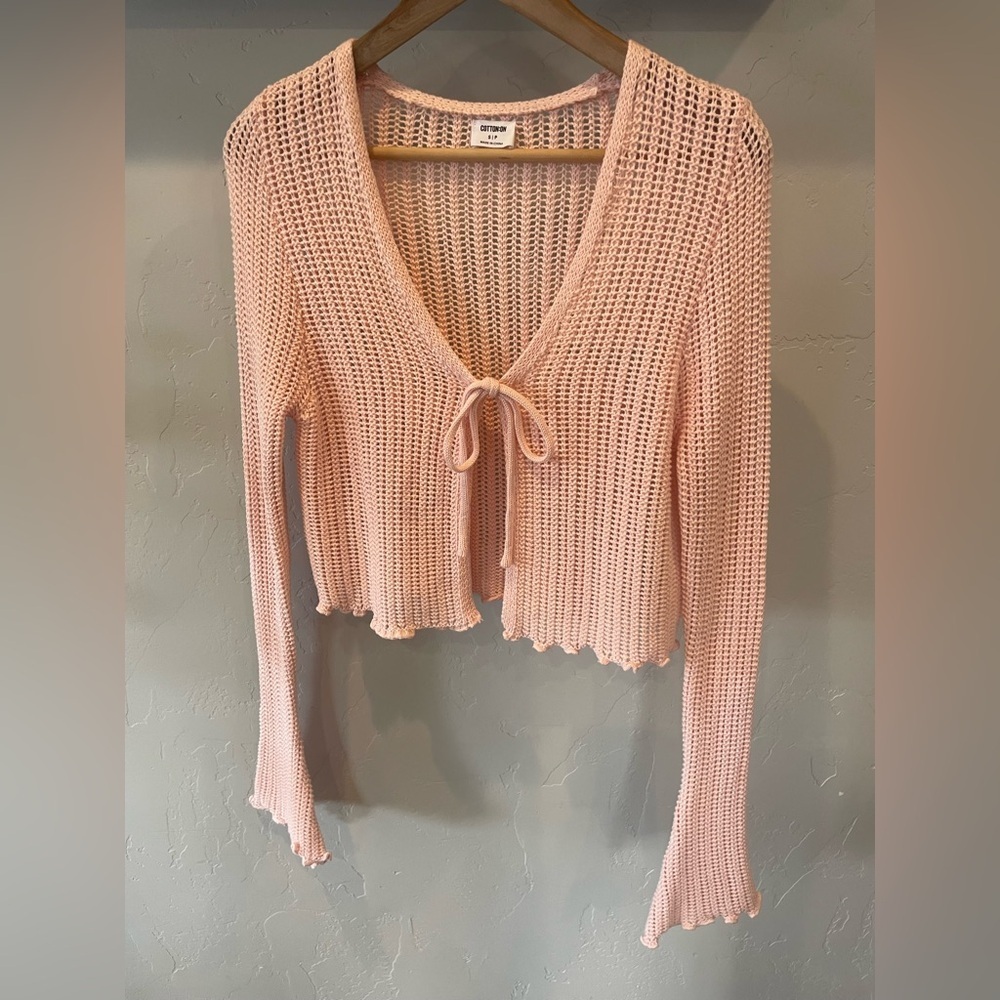 New Cotton On 100% cotton Light Pink Open-Knit Tie-Front Crop Cardigan size S